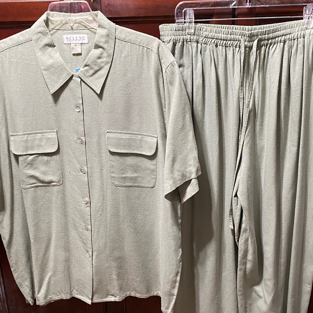 Selene sport vintage plus size 3X washable silk Light Green Shirt and Pants Set